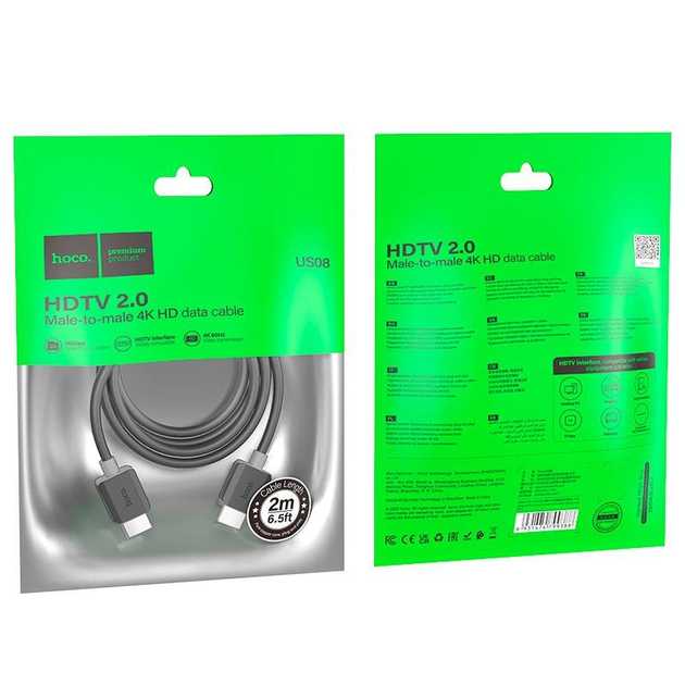 Кабель HOCO US08 HDMI to HDMI 4K HD Data Cable HDMI v2.0 2м Black (6931474799395) - Фото 6 Кабель HOCO US08 HDMI to HDMI 4K HD Data Cable HDMI v2.0 2м Black (6931474799395) - изображение 6