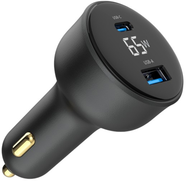 Автомобільний зарядний пристрій Gembird USB-A(QC3.0), USB-C (PD) 65W Black (TA-UC-AC2PD65LCD-CAR-01) - зображення 1