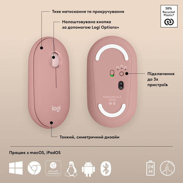 Мышь Logitech Pebble M350s Tonal Rose Bluetooth (910-007014) - изображение 6