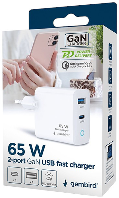Зарядний пристрій Gembird USB-A (QC3.0), USB-C (PD) GaN 65W White (TA-UC-PDQC65L-W-01) - зображення 7