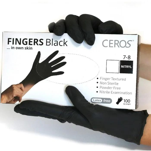 Рукавички нітрилові CEROS Fingers BLACK, M, 100 шт - зображення 2