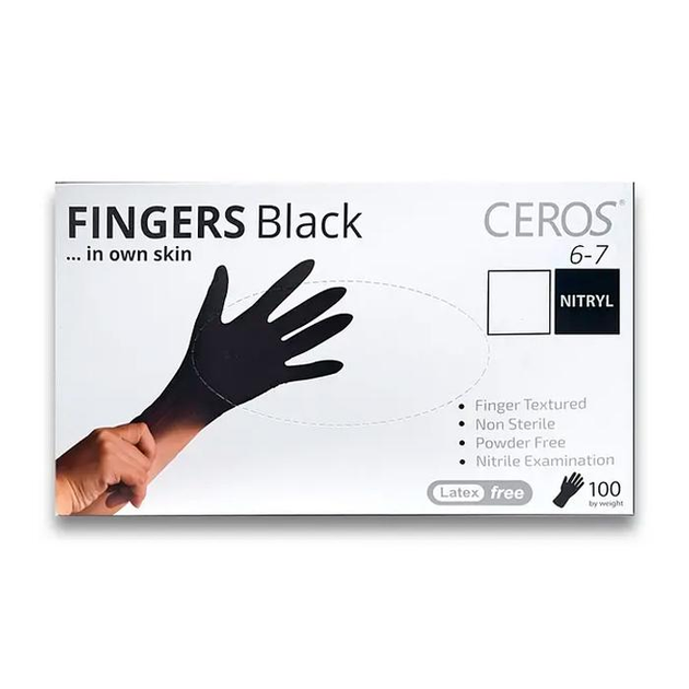 Рукавички нітрилові CEROS Fingers BLACK, L, 100 шт - зображення 1