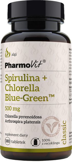 Дієтична добавка Pharmovit Спіруліна + Хлорела синьо-зелена 500 мг 180 таблеток (5904703901891) - зображення 1