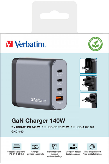 Ładowarka Verbatim 2 x USB-C PD 140 W / 1 x USB-C PD 20 W / 1 x USB-A QC 3.0 GaN 4-w-1 (EU/UK/US) Grey (4021801322036) - obraz 6
