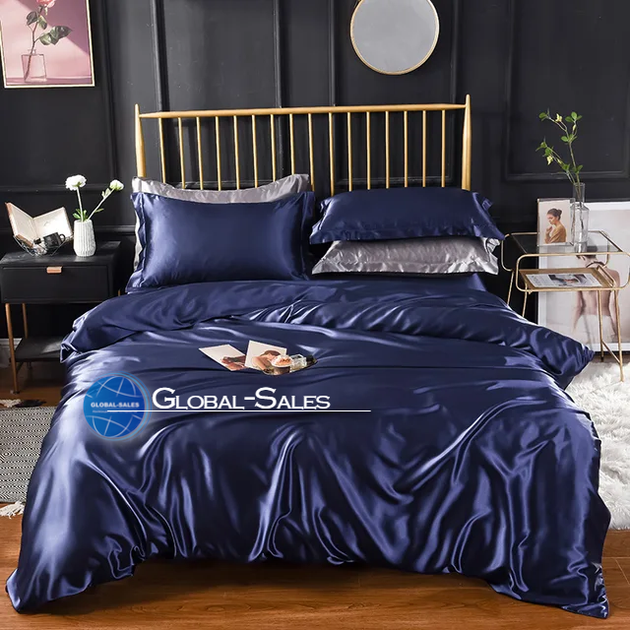 Атласное Темно-синее Евро постельное белье Moka Textile 200х220см - изображение 4