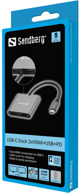Stacja dokująca Sandberg USB-C Dock 2xHDMI+USB+PD (136-44) - obraz 3