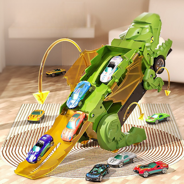 Игрушка динозавр-трансформер BauTech с 8 машинками Зелёный (1014-931-00) - Фото 4 Игрушка динозавр-трансформер BauTech с 8 машинками Зелёный (1014-931-00) - изображение 4