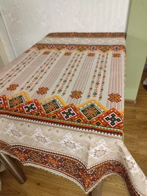 Скатертина з льону з принтом в українському стилі 150x180 см Коричневий (Р7-am-skatert-N-002) - зображення 3