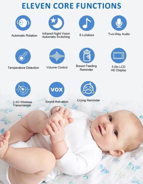 Видеоняня Baby Monitor ABM501-USB с 5-дюймовым LCD монитором, датчиком звука, ночное виденье, беспроводная, поворотная радионяня, измерение температуры - изображение 4