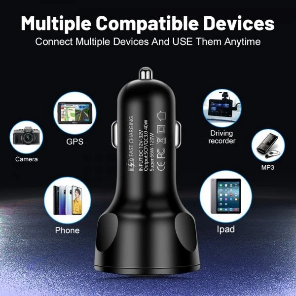 Зарядний пристрій від прикурювача з вольтметром 12 - 24 вольт на 4 USB QC 3.0 Quick Charge + Super 65 - 120W - зображення 3