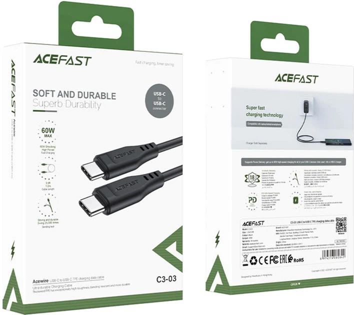 Кабель Acefast C3-03 Type-C to Type-C 3A, 60W, 1.2 м, TPE, TPE connectors, Black (AFC3-03B) - Фото 3 Кабель Acefast C3-03 Type-C to Type-C 3A, 60W, 1.2 м, TPE, TPE connectors, Black (AFC3-03B) - изображение 3