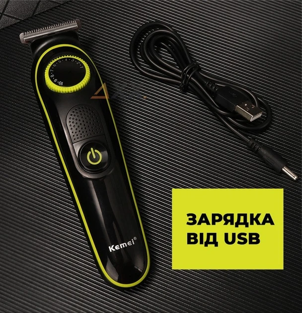 Акумуляторний триммер для стрижки волосся та бороди 5в1 з USB та LED-дисплеєм Kemei KM-696 Чорний + Щітка для очищення - зображення 4