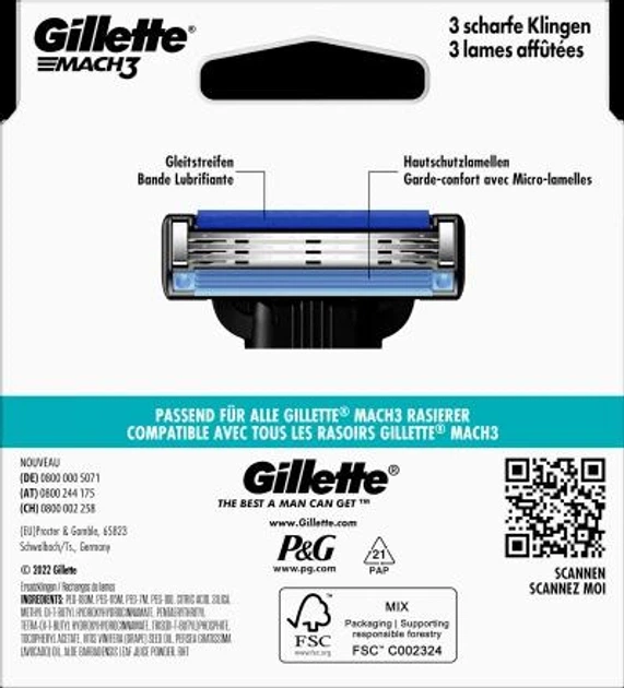 Сменные кассеты (лезвия) для бритья Gillette Mach3 6 шт в упаковке (1506803) - Фото 2 Сменные кассеты (лезвия) для бритья Gillette Mach3 6 шт в упаковке (1506803) - изображение 2