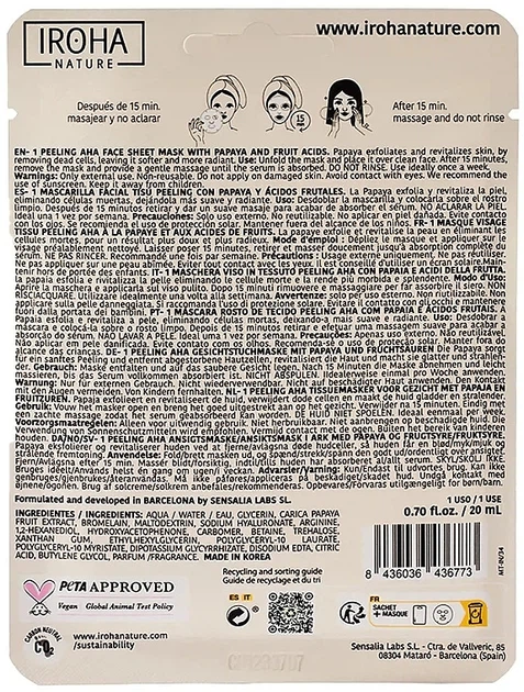 Тканевая маска-пилинг для лица - Iroha Nature Papaya Peeling AHA Face Sheet Mask 20ml (1395555-26126265) - изображение 2