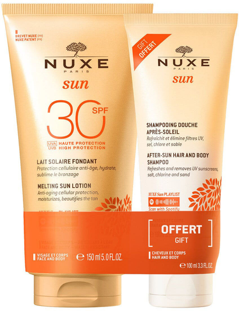 Набір косметики для догляду Nuxe Sun Melting Сонцезахисний лосьйон Spf 30 150 мл + Шампунь для волосся і тіла 100 мл (3264680039584) - зображення 1