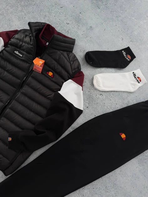 Спортивний комплект Ellesse: жилет, костюм + шкарпетки XL Чорний з бордовим (TR-15) - Фото 6 Спортивний комплект Ellesse: жилет, костюм + шкарпетки XL Чорний з бордовим (TR-15) - изображение 6