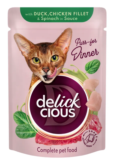 Вологий корм для котів Delickcious шматочки з качкою, куркою та шпинатом соусі 85 г B5410101 - Фото 1 Вологий корм для котів Delickcious шматочки з качкою, куркою та шпинатом соусі 85 г B5410101 - зображення 1