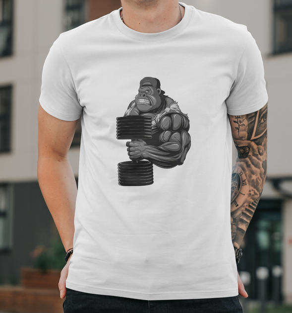 Мужская футболка B&C Collection с принтом Обезбяна с гантелей, XL Белый - Фото 1 Мужская футболка B&C Collection с принтом Обезбяна с гантелей, XL Белый - изображение 1