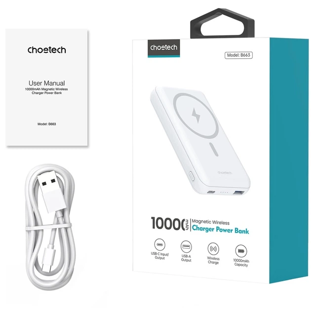 Powerbank павербанк УМБ підставка для телефону Choetech Magnetic Wireless 10000mAh 20W PD QC3.0 USB+Type-C White (B663-ACWH) - зображення 4