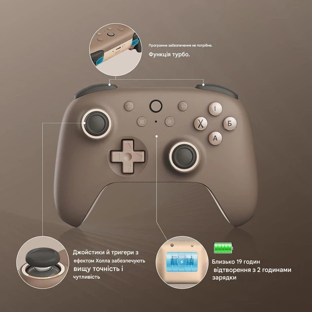 Бездротовий геймпад 8bitdo Ultimate 2C Brownie з ефектом Холла для Windows 10, 11, Android, Steam Deck - Фото 5 Бездротовий геймпад 8bitdo Ultimate 2C Brownie з ефектом Холла для Windows 10, 11, Android, Steam Deck - зображення 5