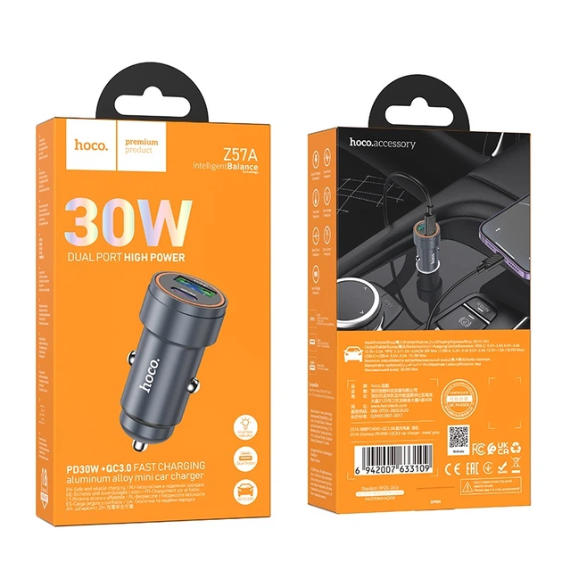Автомобільний зарядний пристрій HOCO Z57A Glorious PD30W+QC3.0 Metal Gray - Фото 2 Автомобільний зарядний пристрій HOCO Z57A Glorious PD30W+QC3.0 Metal Gray - изображение 2