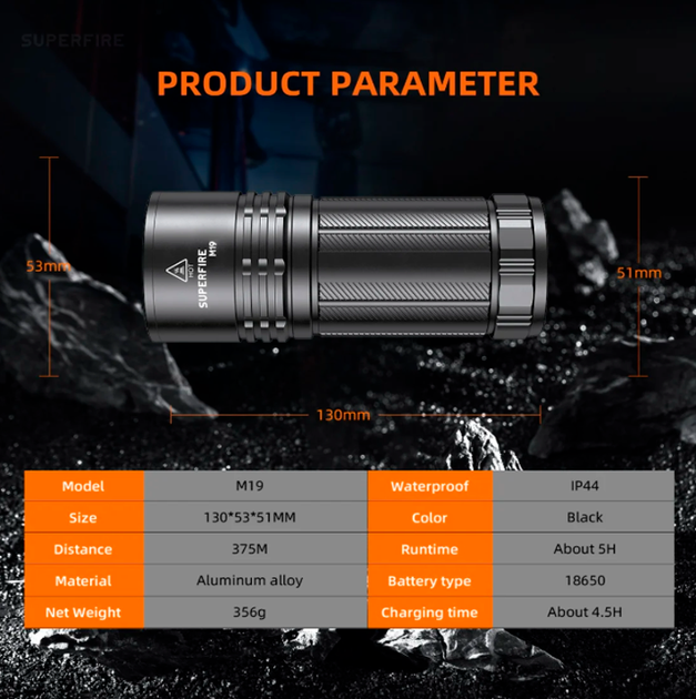 Ліхтар ручний акумуляторний M19 SuperFire 1750 Lumen IP44 - Фото 9 Ліхтар ручний акумуляторний M19 SuperFire 1750 Lumen IP44 - зображення 9