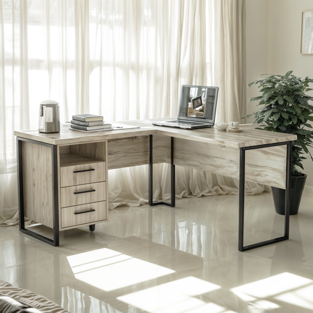 Стіл кутовий офісний Tobi Sho LOFT Iceberg СУЛА/3-1 з 3 шухлядами стільниця 18 мм, 1600х1400х750 Дуб крафт білий - зображення 2