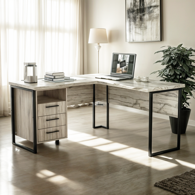 Стіл кутовий офісний Tobi Sho LOFT Iceberg СУЛА/3-1 з 3 шухлядами стільниця 18 мм, 1600х1400х750 Дуб крафт білий - зображення 3