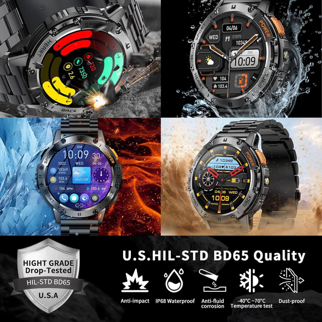 Смарт-часы для мужчин Military Smart Watch, Военные умные часы для iPhone и Android с двумя ремешками - изображение 2