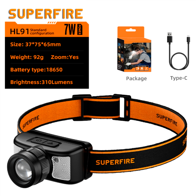 Ліхтар налобний акумуляторний HL91 SuperFire 310 Lumen IP43 - Фото 7 Ліхтар налобний акумуляторний HL91 SuperFire 310 Lumen IP43 - зображення 7
