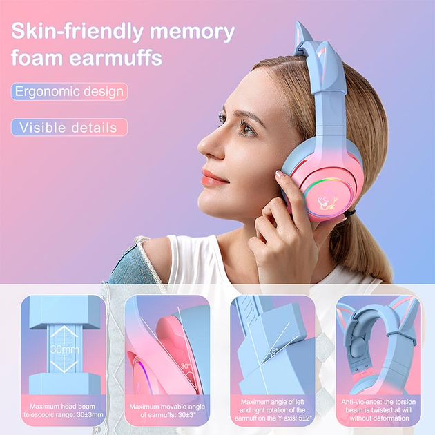 Дротова ігрова гарнітура ONIKUMA Gaming CAT Gradient with RGB K9, USB, 3.5mm, 2.2m, pink&blue - зображення 3