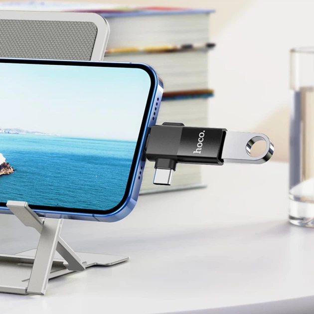 Переходник Hoco UA17 2in1 Lightning Male/Type-C Male to USB female Black - изображение 4