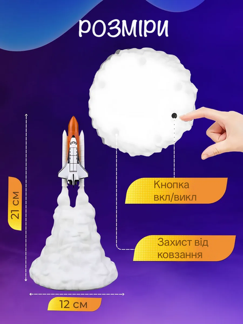 Ночник светильник для детей ракета led в спальню детскую с USB зарядкой аккумуляторный (101171) - изображение 3