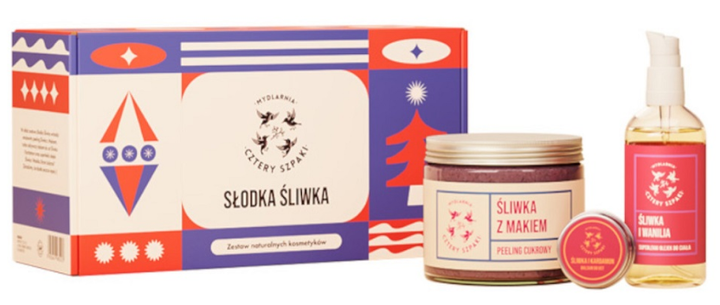 Zestaw kosmetyków pielęgnacyjnych Mydlarnia Cztery Szpaki Słodka Śliwka Cukrowy peeling do ciała 250 ml + Balsam do ust 15 ml + Olejek do ciała 100 ml (5903641985369) - obraz 1