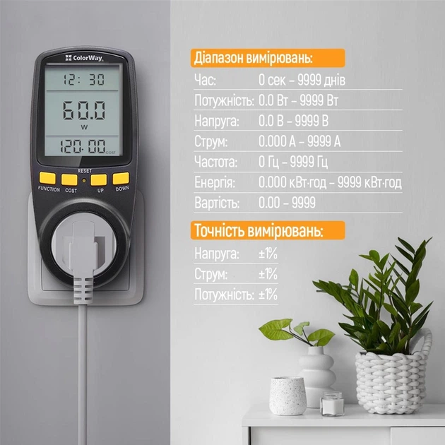 Энергометр ваттметр вольтметр амперметр цифровой СolorWay