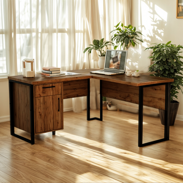 Стіл кутовий офісний Tobi Sho LOFT Volcano СУЛВ/4-1 з тумбою стільниця 18 мм, 1400х1200х750 Фаєрвуд - Фото 2 Стіл кутовий офісний Tobi Sho LOFT Volcano СУЛВ/4-1 з тумбою стільниця 18 мм, 1400х1200х750 Фаєрвуд - зображення 2