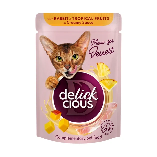 Влажный корм для котов Delickcious хлопья с кроликом и фруктами в сливочном соусе 0,08кг - Фото 1 Влажный корм для котов Delickcious хлопья с кроликом и фруктами в сливочном соусе 0,08кг - изображение 1