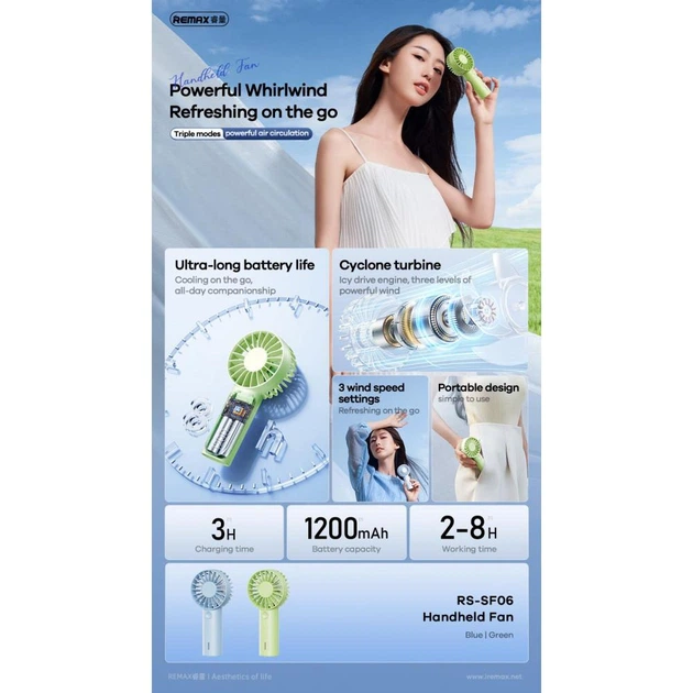 Вентилятор портативный настольный ручной Remax RS-SF06 1200mAh со встроенным аккумулятором Blue - изображение 2