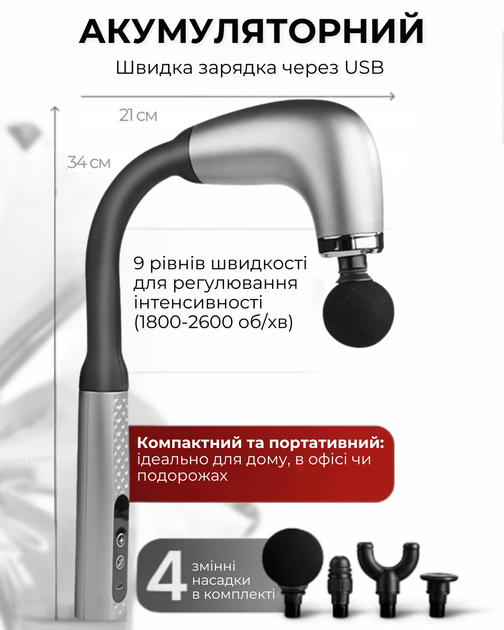 Ручной массажер для мышц Percussion GTM R01 Аккумуляторный, 4 сменные насадки, для плеч, спины, поясницы, бедер и икр для дома и авто (I52795M) - Фото 5 Ручной массажер для мышц Percussion GTM R01 Аккумуляторный, 4 сменные насадки, для плеч, спины, поясницы, бедер и икр для дома и авто (I52795M) - изображение 5