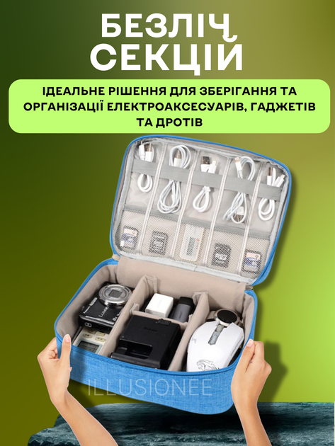 Органайзер дорожный сумка для хранения электроники аксессуаров гаджетов кабелей зарядных устройств флешек переходников повербанков наушников смартфонов компьютерных мышей путешествий 24х19х10 см голубой 3DTOYSLAMP - изображение 3