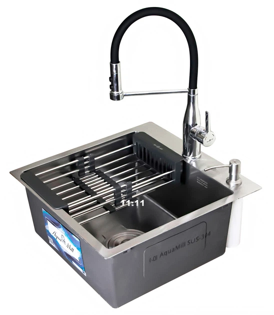 Мойка из нержавеющей стали AQUAMILL 5050 decor + смеситель со съемным изливом + дозатор + решетка + сифон - Фото 5 Мойка из нержавеющей стали AQUAMILL 5050 decor + смеситель со съемным изливом + дозатор + решетка + сифон - изображение 5