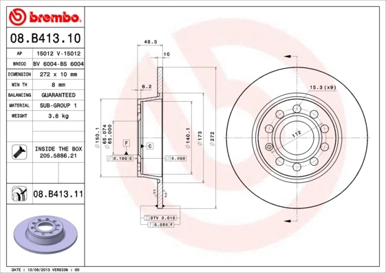 Тормозной диск BREMBO (08.B413.11) - Фото 2 Тормозной диск BREMBO (08.B413.11) - изображение 2