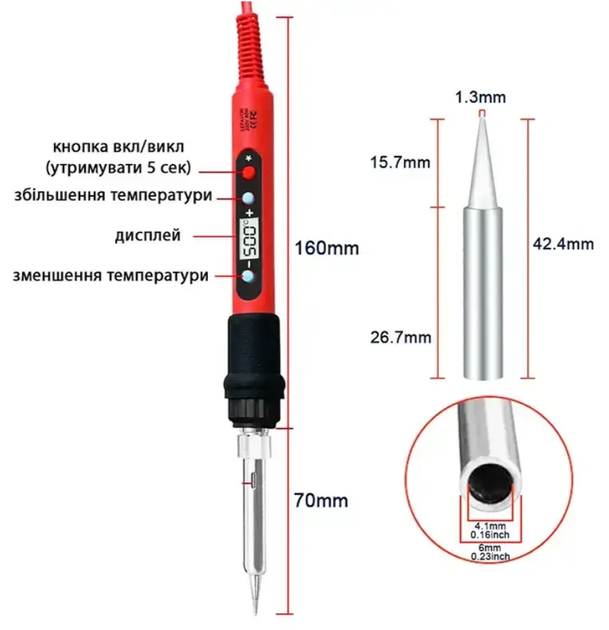 Электрический паяльник с насадками Lefavor 80W с дисплеем от 180°C до 500°C Красный - изображение 4