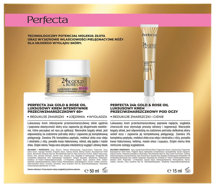 Набір для догляду за обличчям Perfecta 24K Gold and Rose Oil Крем для обличчя 60+ 50 мл + Крем для шкіри навколо очей 15 мл (5900525092090) - зображення 2