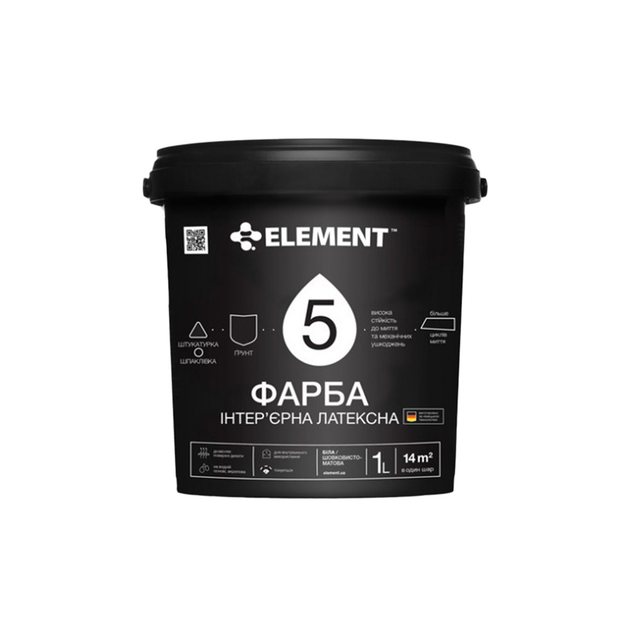 Інтер'єрна фарба латексна Element 5 зносостійка шовковисто-матова біла 1 л - зображення 1