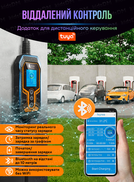 Зарядка для електромобіля з WIFI GBT 7кВт 32А / Зарядна станція для Zeekr, BYD, Xpeng, Hongqi, Nio 9694 feyree Білий 73422 - зображення 3