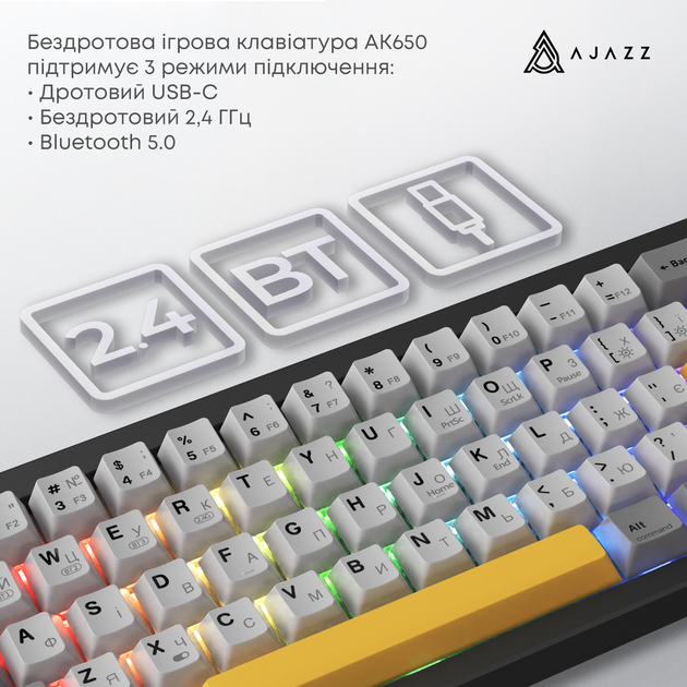 Беспроводная механическая клавиатура Ajazz AK650 Flying Fish Switch - Black (AK650-FF-BGY) - Фото 8 Беспроводная механическая клавиатура Ajazz AK650 Flying Fish Switch - Black (AK650-FF-BGY) - изображение 8