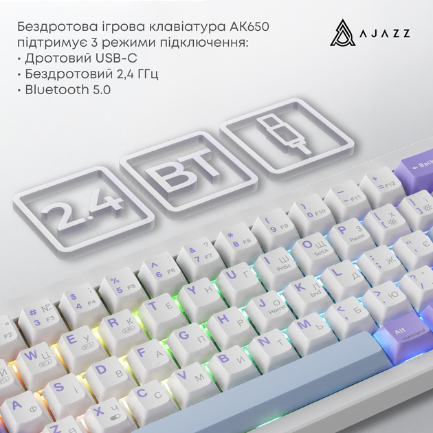 Бездротова механічна клавіатура Ajazz AK650 Flying Fish Switch - Purple (AK650-FF-PWB) - зображення 8