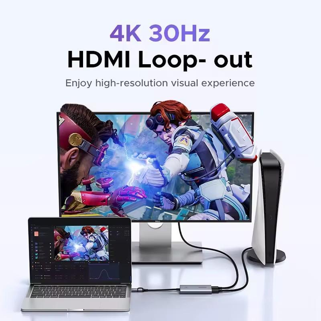 Карта видеозахвата UGREEN CM726 4K@30Hz, USB-A/C на HDMI, форматы YUY2/MJPEG, Live Stream Recording Grey (25773) - изображение 2
