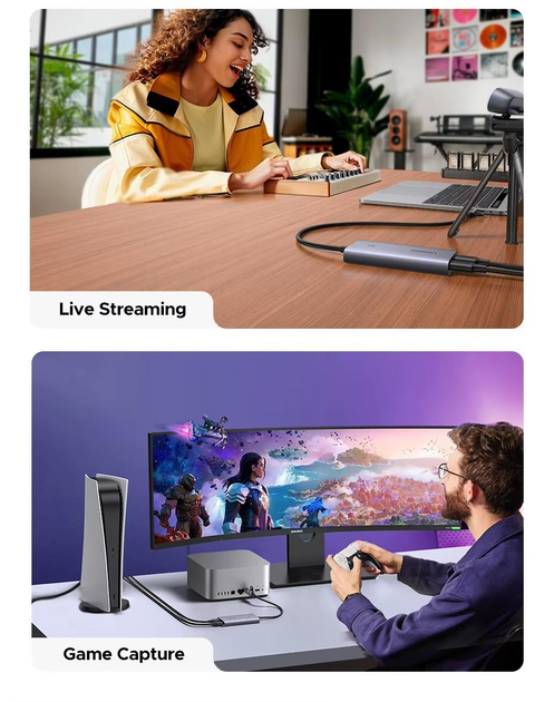 Карта видеозахвата UGREEN CM726 4K@30Hz, USB-A/C на HDMI, форматы YUY2/MJPEG, Live Stream Recording Grey (25773) - изображение 8